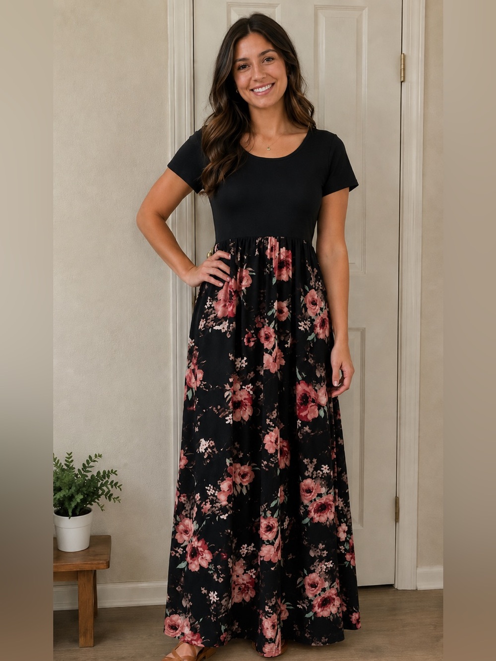 Black Maxi Dress with Peachy Floral Skirt and Short Sleeves Sz M